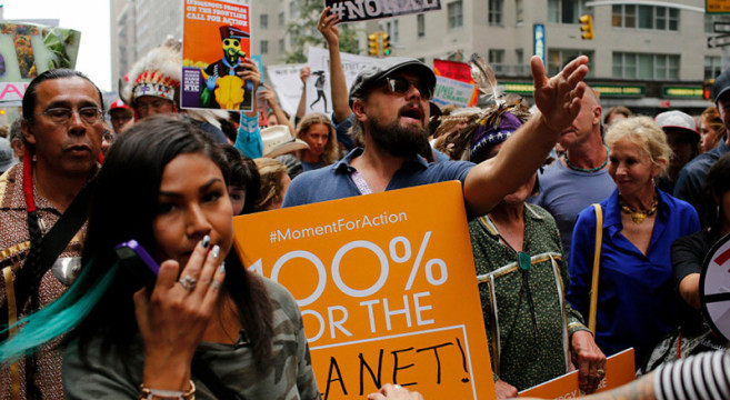 Leonardo DiCaprio takes part in a march against climate change in New York