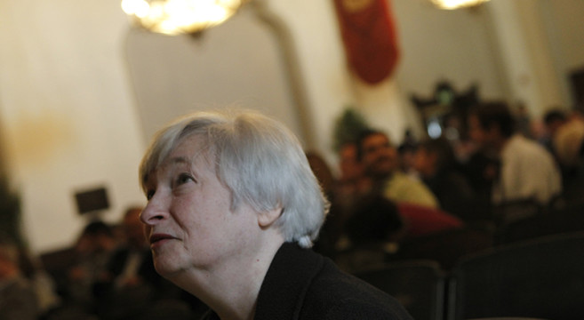 Yellen, vice chair of the Board of Governors of the U.S. Federal Reserve System, speaks to attendee prior to addressing University of California Berkeley Haas School of Business in Berkeley
